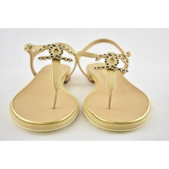 Chanel 19C Beige Lambskin Black Chain Gold CC XL Logo Ankle Strap Sandal Flat 36 - Picture 5 of 12